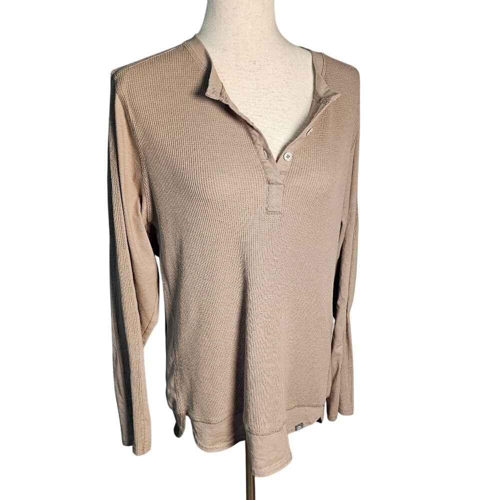 44 Degree North Cotton Blend Long Sleeve Henley with Waffle Knit Size XL Tan